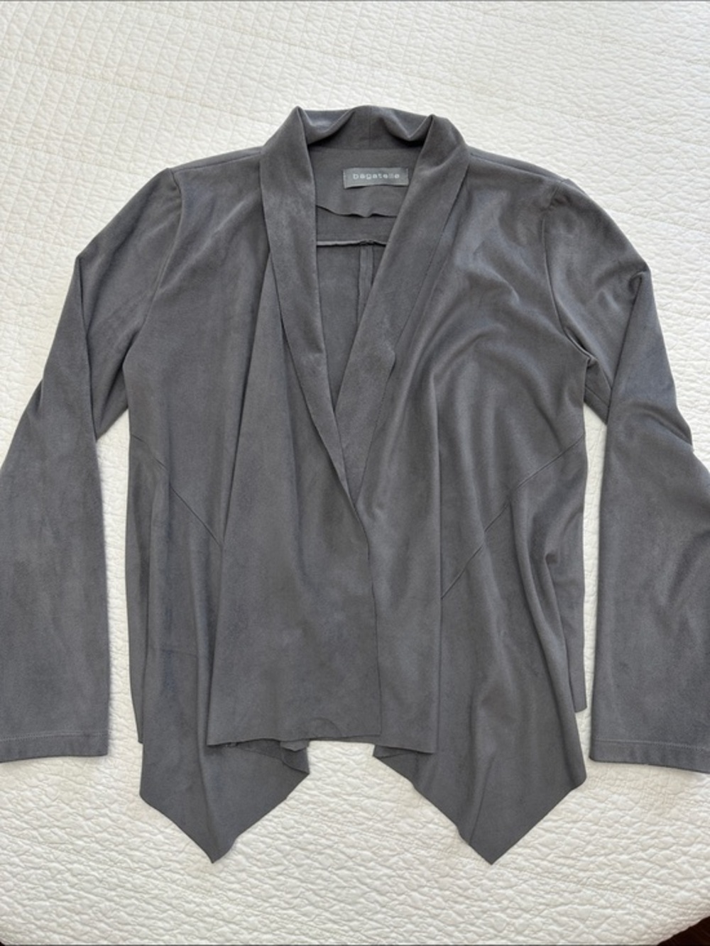 bagatelle Faux Suede Small Grey Open Drape Waterfall lightweight Jacket Cardigan